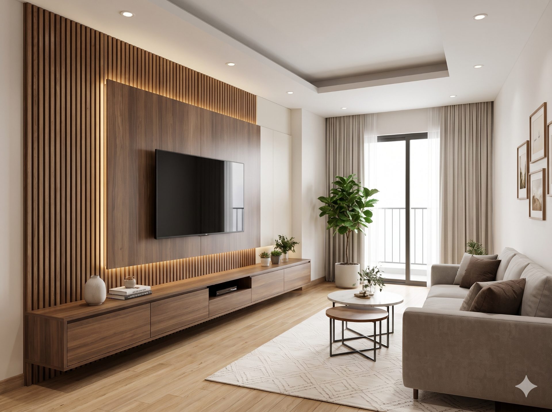 Phòng khách hiện đại, vách tivi lam gỗ